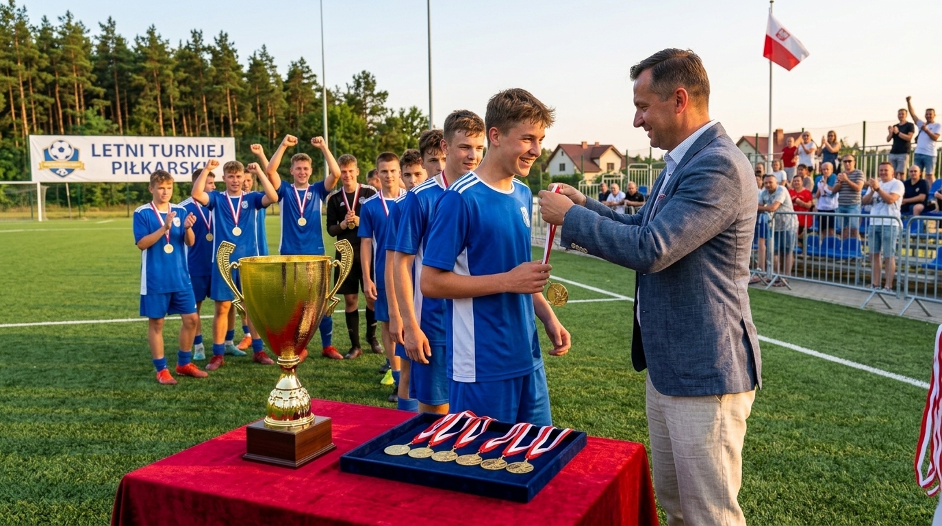 Poczuj się jak na Mundialu! Jak zorganizować turniej piłkarski z nagrodami godnymi Mistrzostw Świata? (Grafika wygenerowana przez AI / Produkty są realne, dostępne w naszym sklepie)